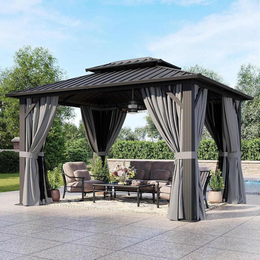 Mazonvintage 10'x12' Hardtop Gazebo, Outdoor Steel Double Roof Canopy, Aluminum Frame Permanent Pavilion with Curtains and Netting, Sunshade for Garden, Patio, Lawns, Black