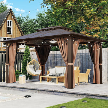 Mazonvintage 10'x13' Hardtop Gazebo, Aluminum Frame Permanent Pavilion with Curtains and Netting, Outdoor Polycarbonate Gazebo, Double Roof Canopy, for Gardens, Patios, Lawns