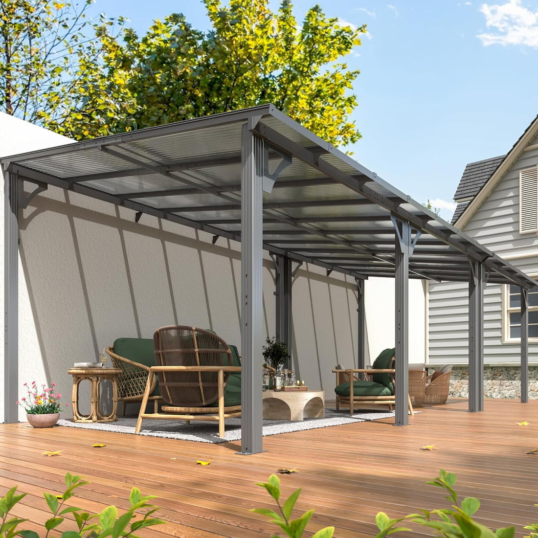 Mazonvintage 10'x22' Outdoor Splicable Gazebo, Mazonvintage Wall Mounted Gazebo & Pergola with Aluminum Frame and Sloping Roof, for Backyard, Deck, Patio-Gray