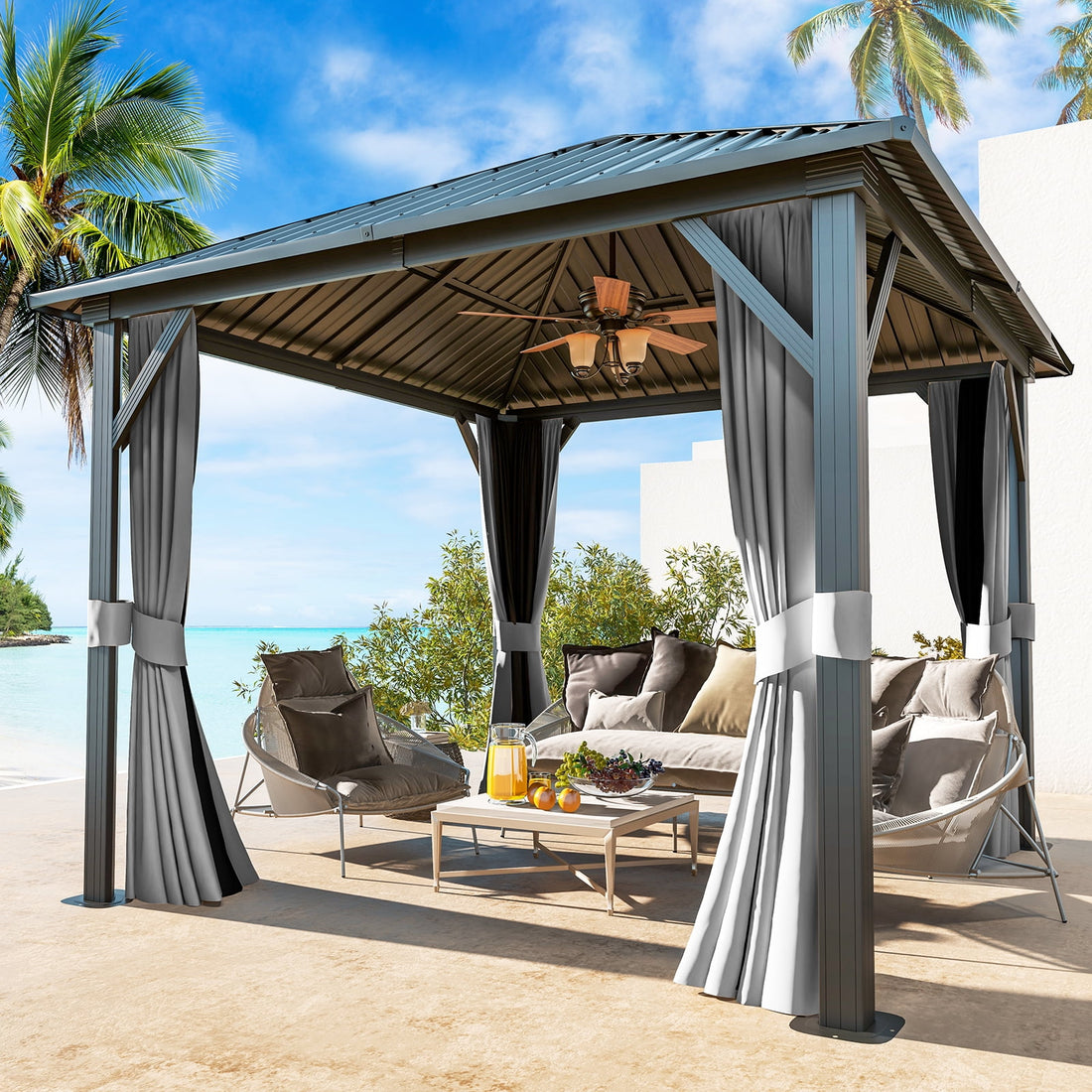 Mazonvintage 10x 10 Hardtop Gazebo, Outdoor Aluminum Frame Canopy with Netting and Curtain for Garden, Patio, Lawns, Gray
