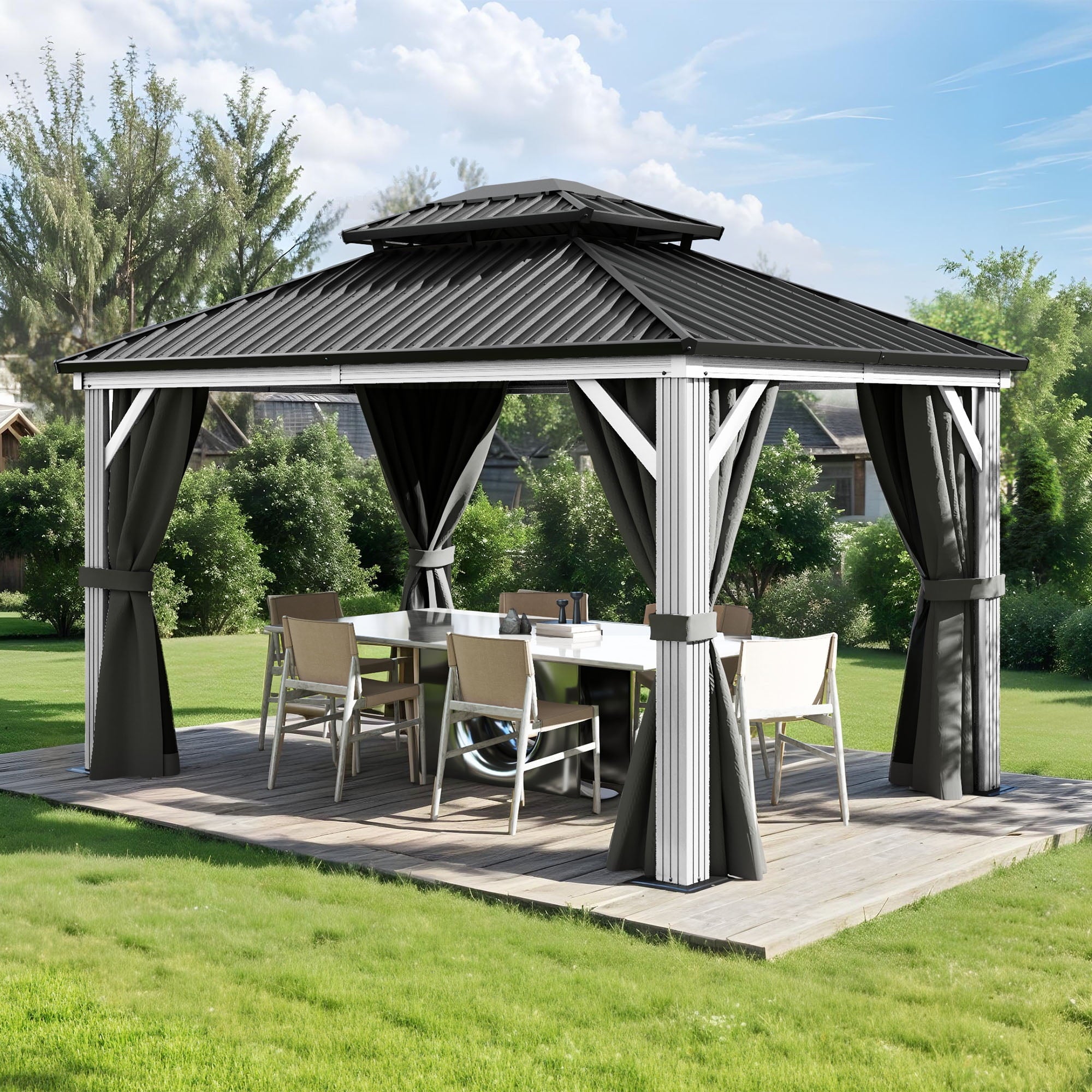 Mazonvintage 10x12 FT Outdoor Hardtop Gazebo,Double Roof Canopy, Aluminum Frame Patio Gazebo with Netting & Gray Curtains, Sunshade for Garden, Patio, Lawns, White&Gray