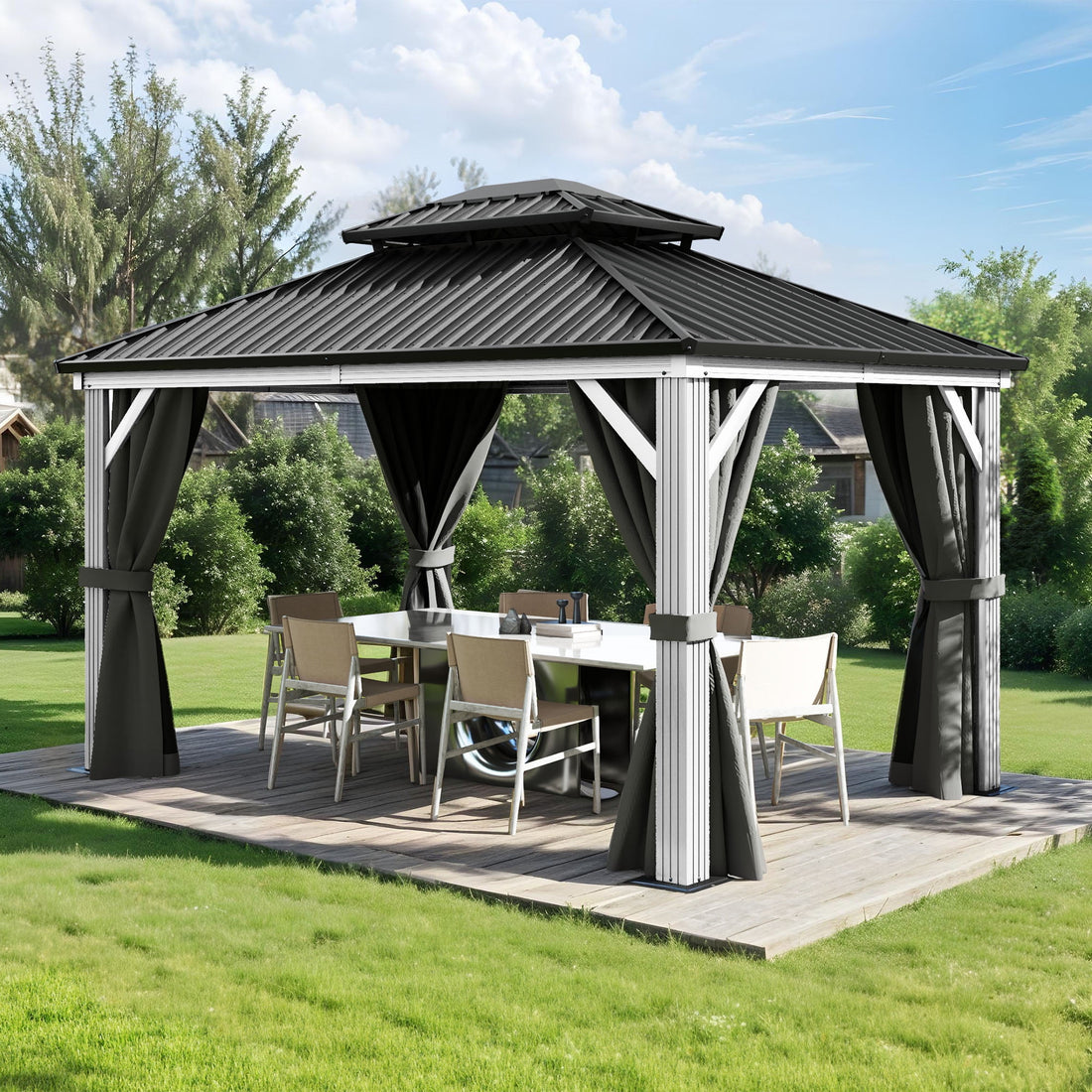Mazonvintage 10x12 FT Outdoor Hardtop Gazebo,Double Roof Canopy, Aluminum Frame Patio Gazebo with Netting & Gray Curtains, Sunshade for Garden, Patio, Lawns, White&Gray