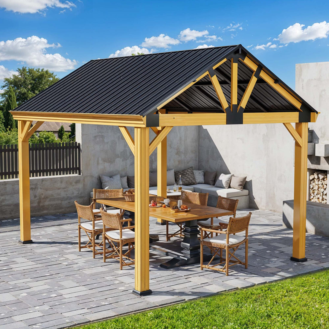 Mazonvintage 11' x13.8' Outdoor Gazebo, Hardtop Gazebo with Galvanized Steel Top Pavilion Gable Roof, for Patio, Garden, Balcony