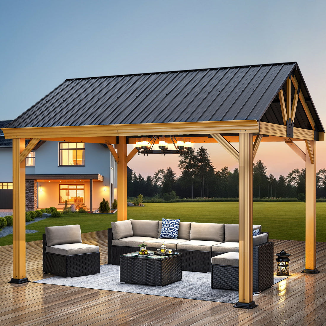 Mazonvintage 11x13FT Hardtop Gazebo, Outdoor Aluminum Canopy with Galvanized Steel Top Pavilion Gable Roof for Lawn, Garden and Balcony (Black)
