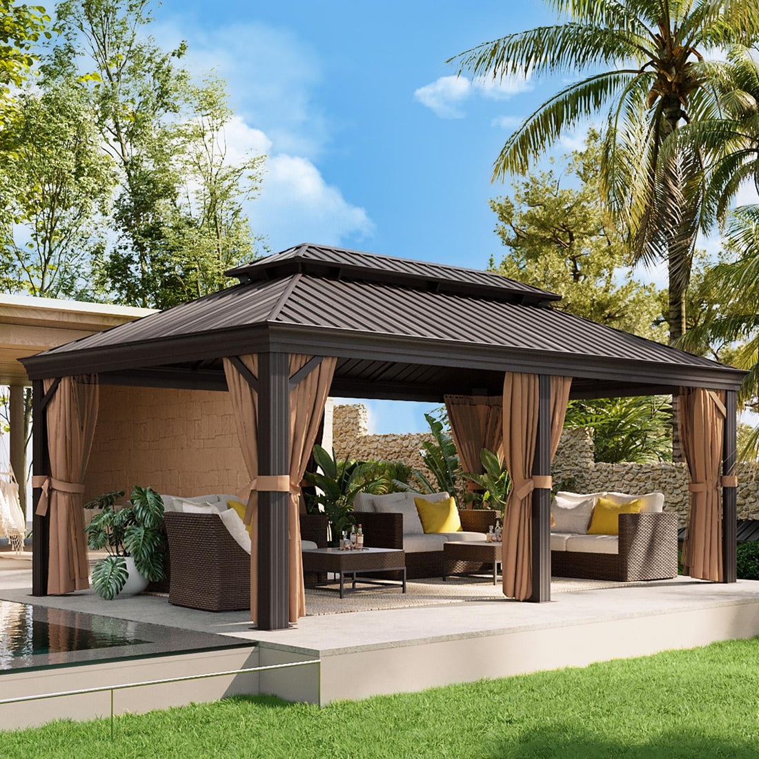 Mazonvintage 12 ft. x 20 ft. Outdoor Hardtop Gazebo, Galvanized Steel Double Roof Gazebo with Curtain and Netting
