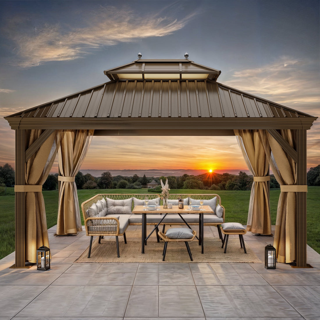 Mazonvintage 12' x 14'  Outdoor Hardtop Gazebo with Netting & Shaded Curtains, Heavy Duty Double Roof Galvanized Steel Garden Tent for Patio, Mazonvintage, Bronze