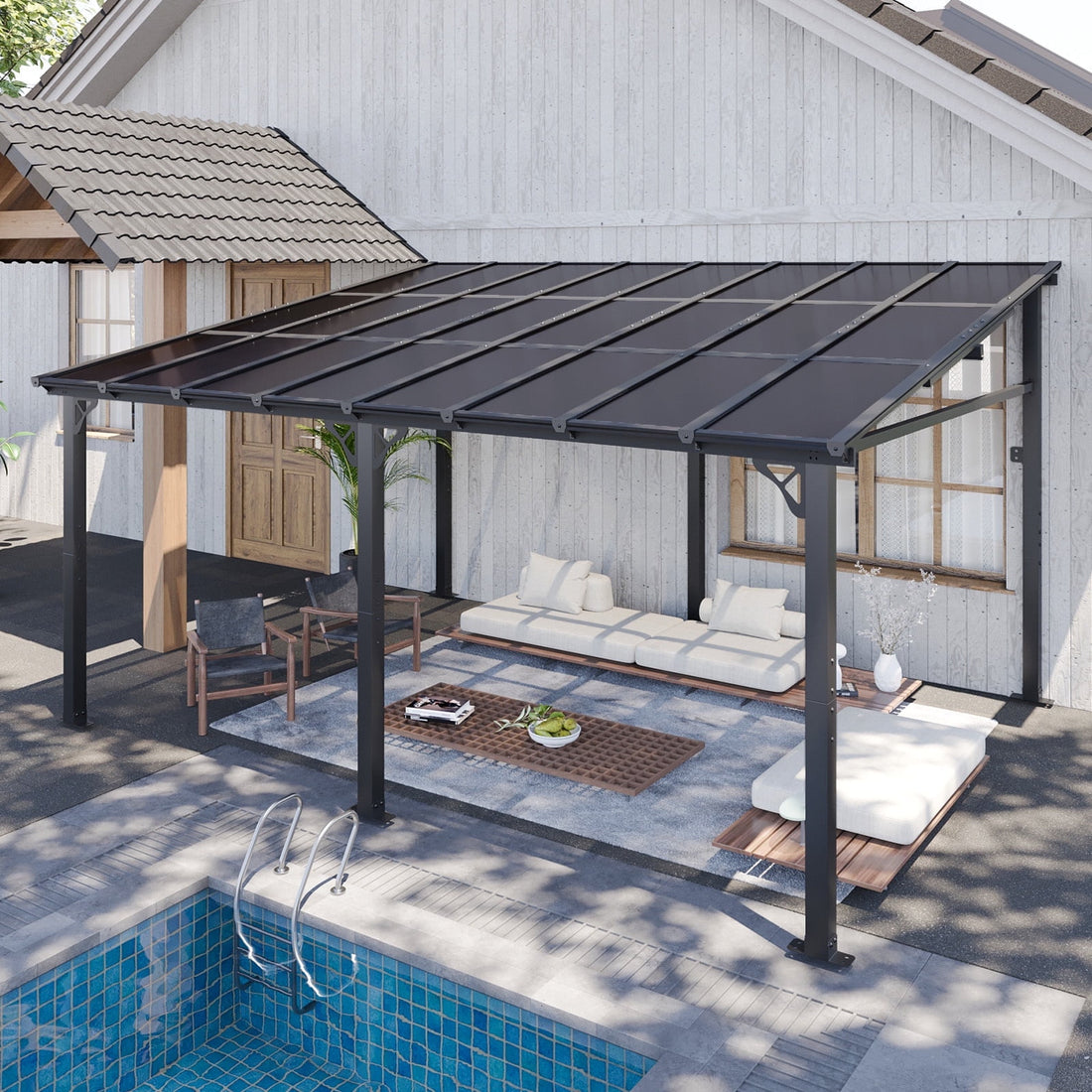 Mazonvintage 12' x 16' Gazebo for Patio, Large Wall-Mounted Heavy Duty Awnings, Gazebo Pergola with Sloped Roof, for Backyard, Deck, Patio