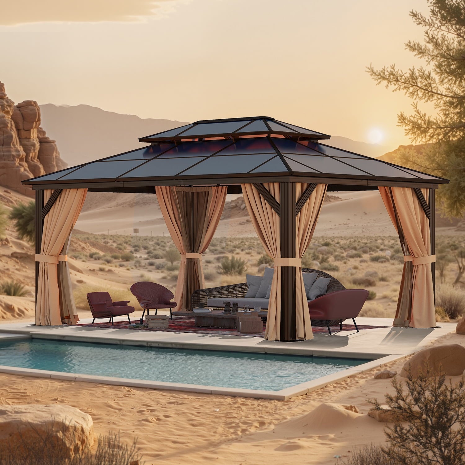 Mazonvintage 12' x 16'Hardtop Gazebo,Polycarbonate Double Roof,Aluminum Frame with Curtains and Netting for Patio,Garden,Brown