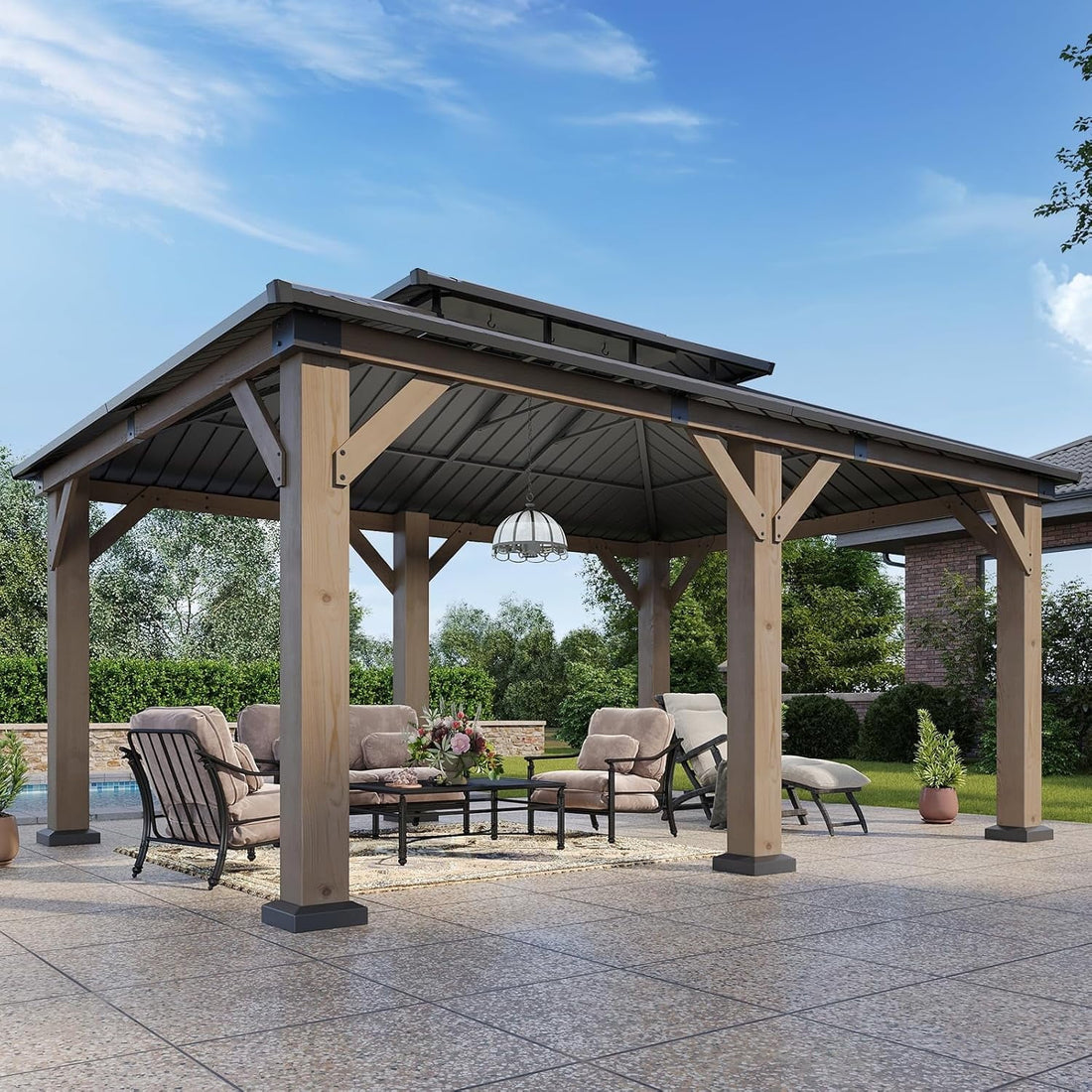 Mazonvintage 12' x 16' Outdoor Wood Gazebo, Hardtop Gazebo Permanent Wooden Pavilion with Galvanized Steel Double Roof, for Patio, Garden, Backyard, Cedar Wood