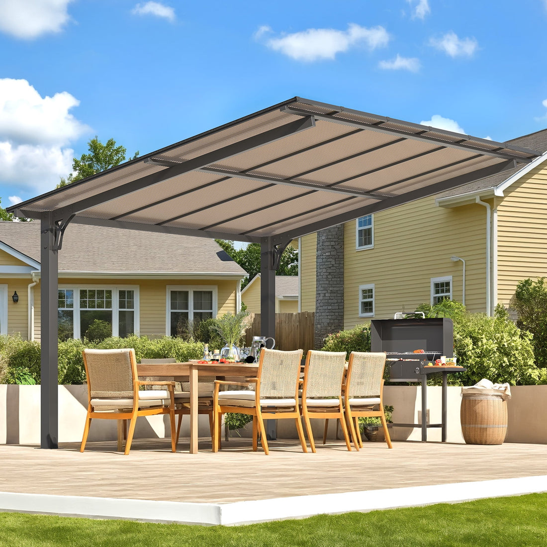 Mazonvintage 12'x10' Gazebo, Outdoor Wall Mounted Hardtop Gazebo & Pergola with Aluminum Frame for Patio, Porch and Backyard in Black