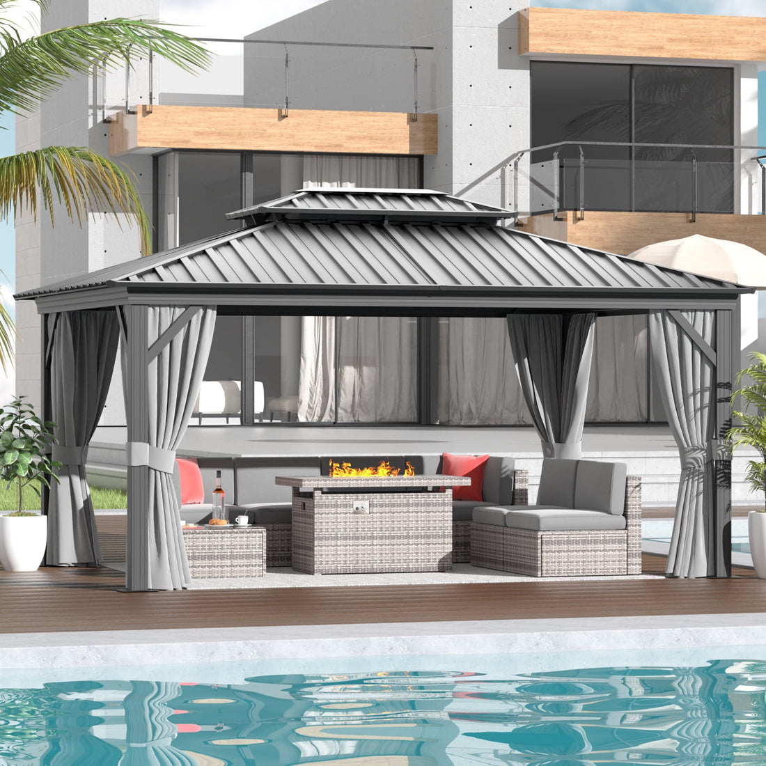 Mazonvintage 12'x16’Outdoor Hardtop Gazebo, Galvanized  Double Roof Aluminum Pavilion with Netting and Curtains for Garden, Patio, Lawns, Gray