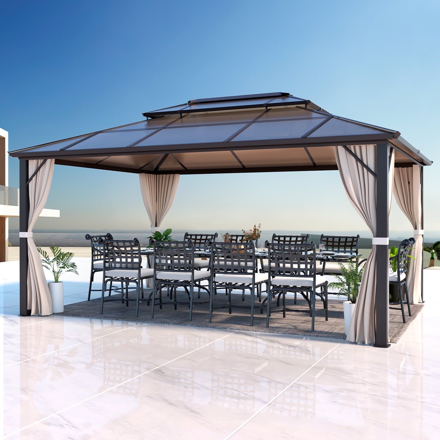 Mazonvintage 12'x16' Outdoor Polycarbonate Double Roof Mazonvintage Gazebo Canopy Curtains Aluminum Frame with Netting for Garden,Patio