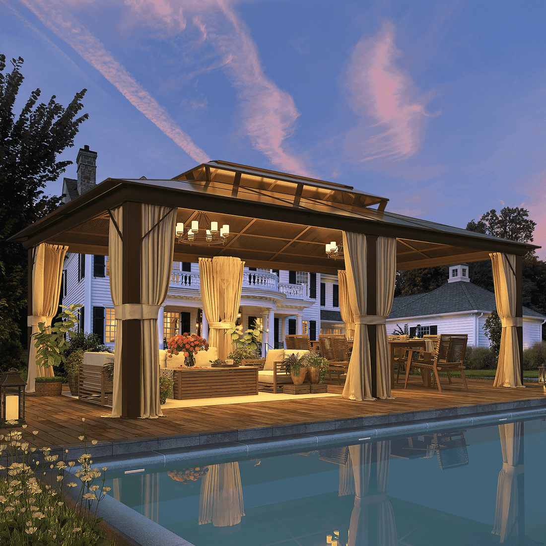 Mazonvintage 12'x20' Gazebo Polycarbonate Double Roof Canopy with Aluminum Frame, Outdoor Permanent Metal Pavilion with Netting and Curtains for Garden Patio Lawns