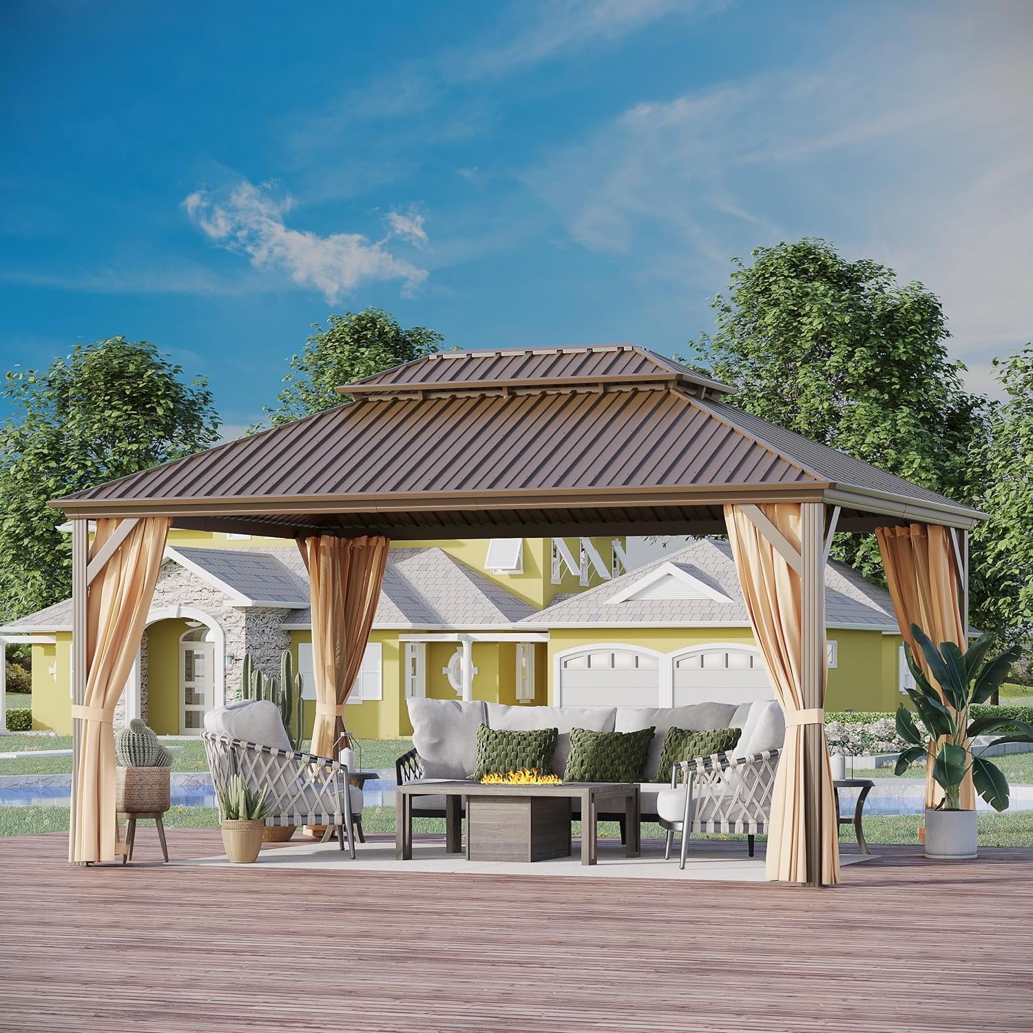 Mazonvintage 12' x 16' Mazonvintage Gazebo, Brown, Double Roof, Galvanized Steel, Netting & Curtains