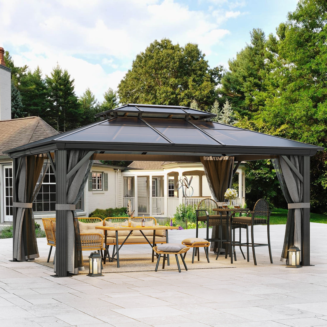 Mazonvintage 12x16FT Double Roof Gazebo Canopy, Outdoor Gazebo with Netting and Shaded Curtains, Aluminum Frame Hardtop Garden Tent for Patio, Backyard and Lawns, Grey Curtain