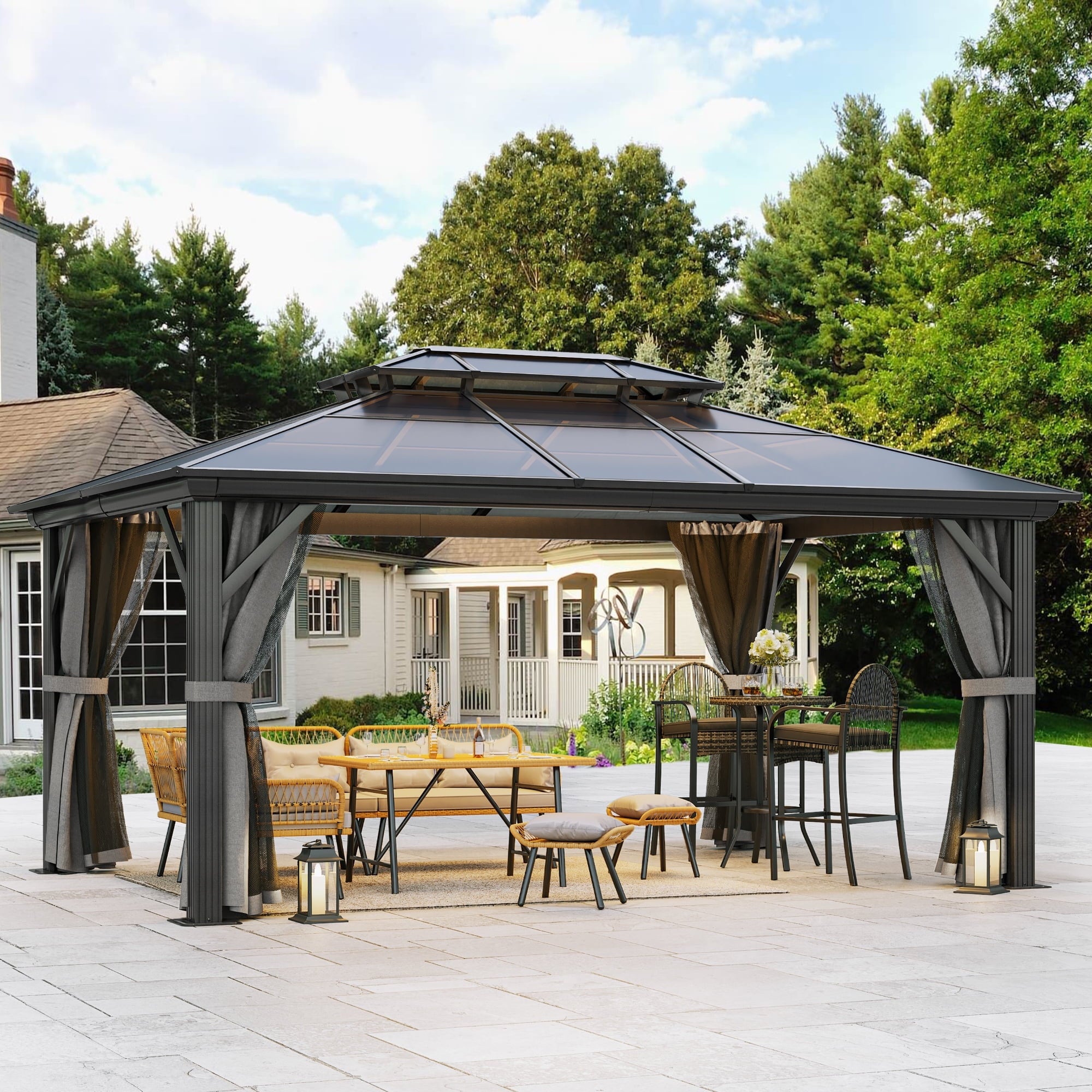 Mazonvintage 12x16FT Double Roof Gazebo Canopy, Outdoor Gazebo with Netting and Shaded Curtains, Aluminum Frame Hardtop Garden Tent for Patio, Backyard and Lawns, Grey Curtain