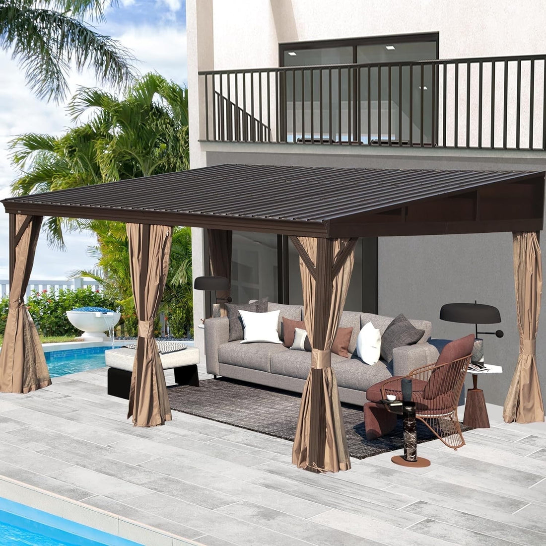 Mazonvintage 12x16FT Lean to Gazebo, Outdoor Hardtop Wall Mounted Gazebo with Sloping Galvanized Steel Roof, Durable Aluminum Frame, Netting Curtain for Deck, Porch, Mazonvintage