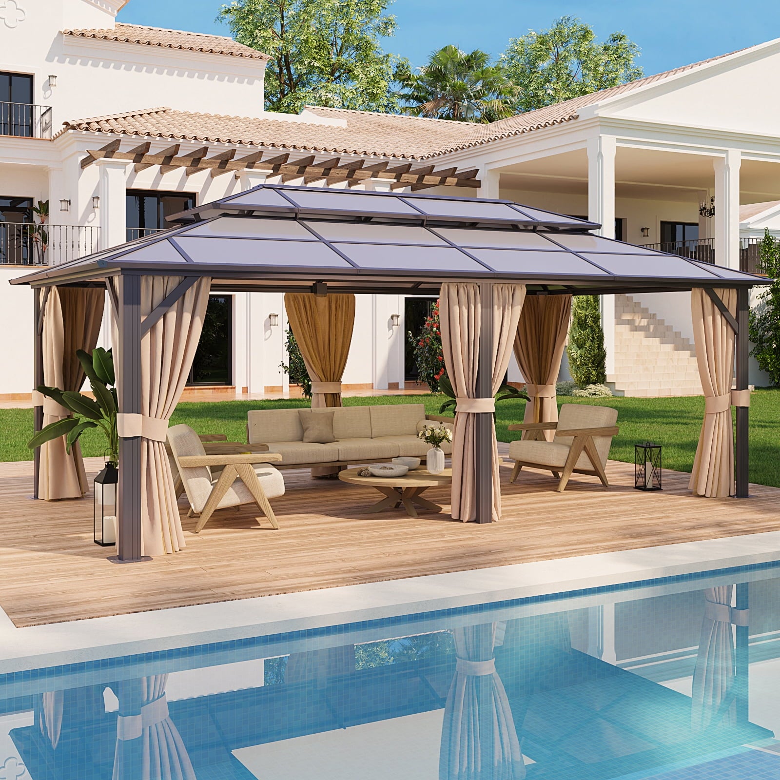 Mazonvintage 12x20FT Hardtop Gazebo, Aluminum Frame Permanent Pavilion with Curtains and Netting, Outdoor Polycarbonate Double Roof Canopy, Designed for Garden, Lawns, Patio