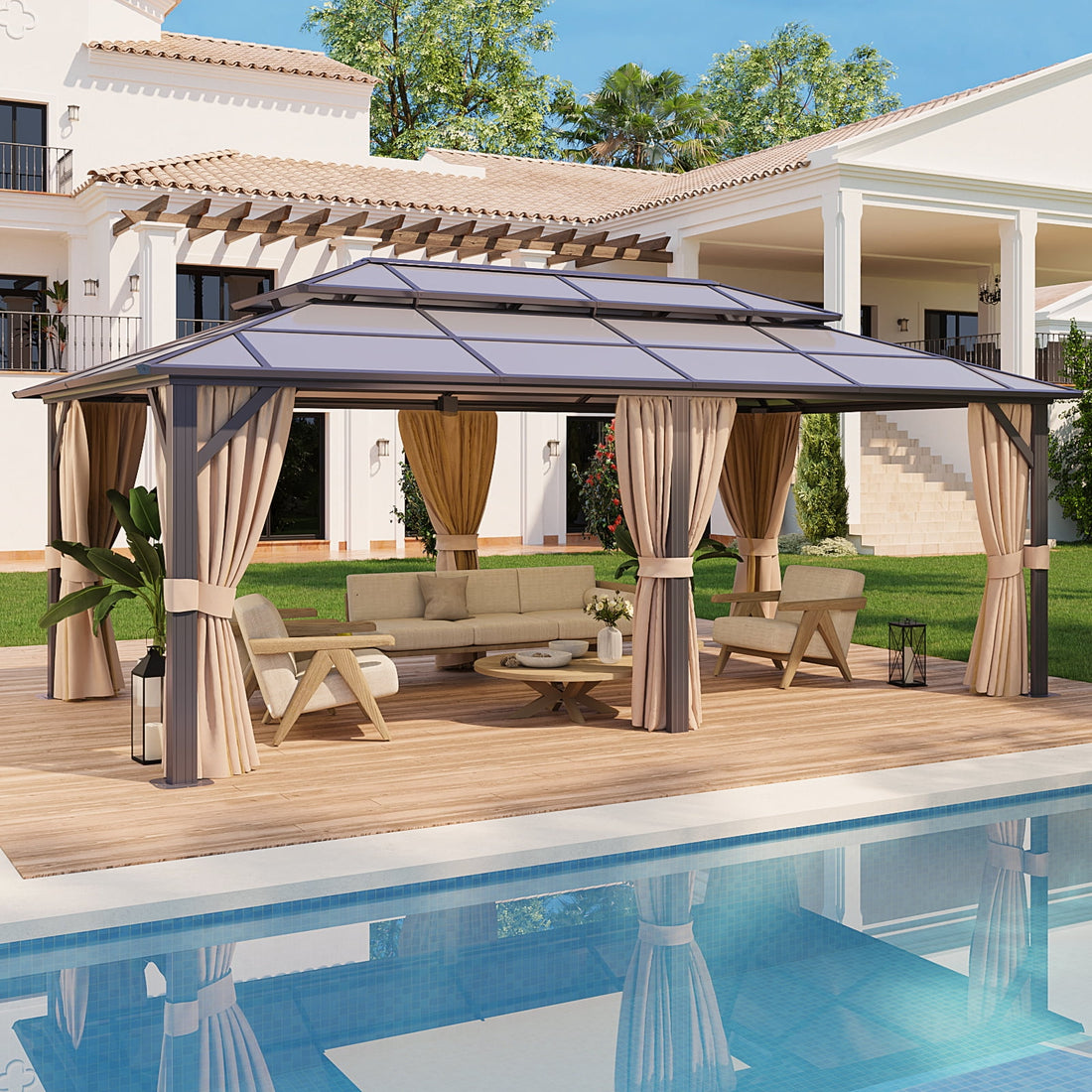 Mazonvintage 12x20FT Hardtop Gazebo, Aluminum Frame Permanent Pavilion with Curtains and Netting, Outdoor Polycarbonate Double Roof Canopy, Designed for Garden, Lawns, Patio