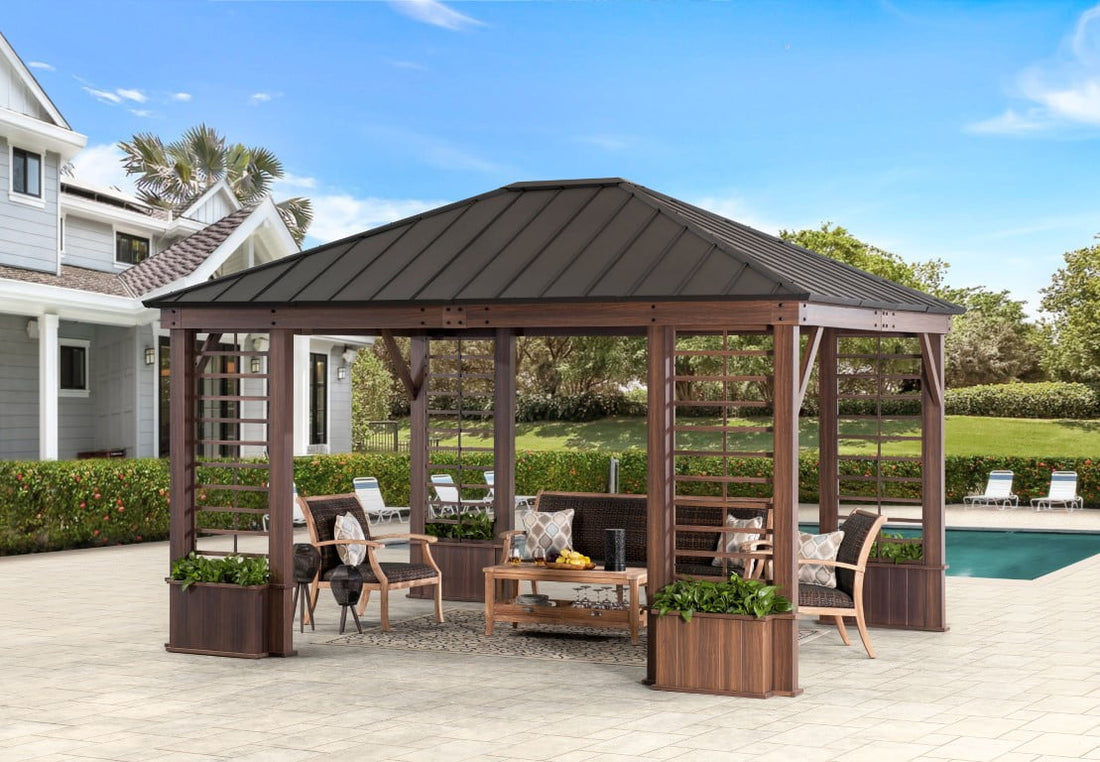 Mazonvintage 13.3 ft. x 14.8 ft. Wilmington Hardtop Gazebo with Galvanized Steel Roof and Frame, Featuring Four Built-in Planters