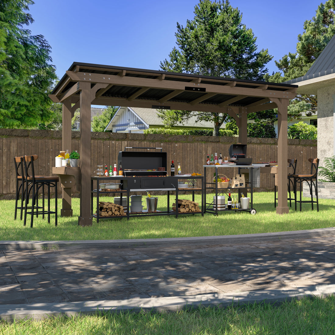 Mazonvintage 13' x 6' Outdoor Grill Gazebo, Outdoor Heavy Duty BBQ Pergola w/Workstation Shelves for Garden, Patio, Light Mocha Brown