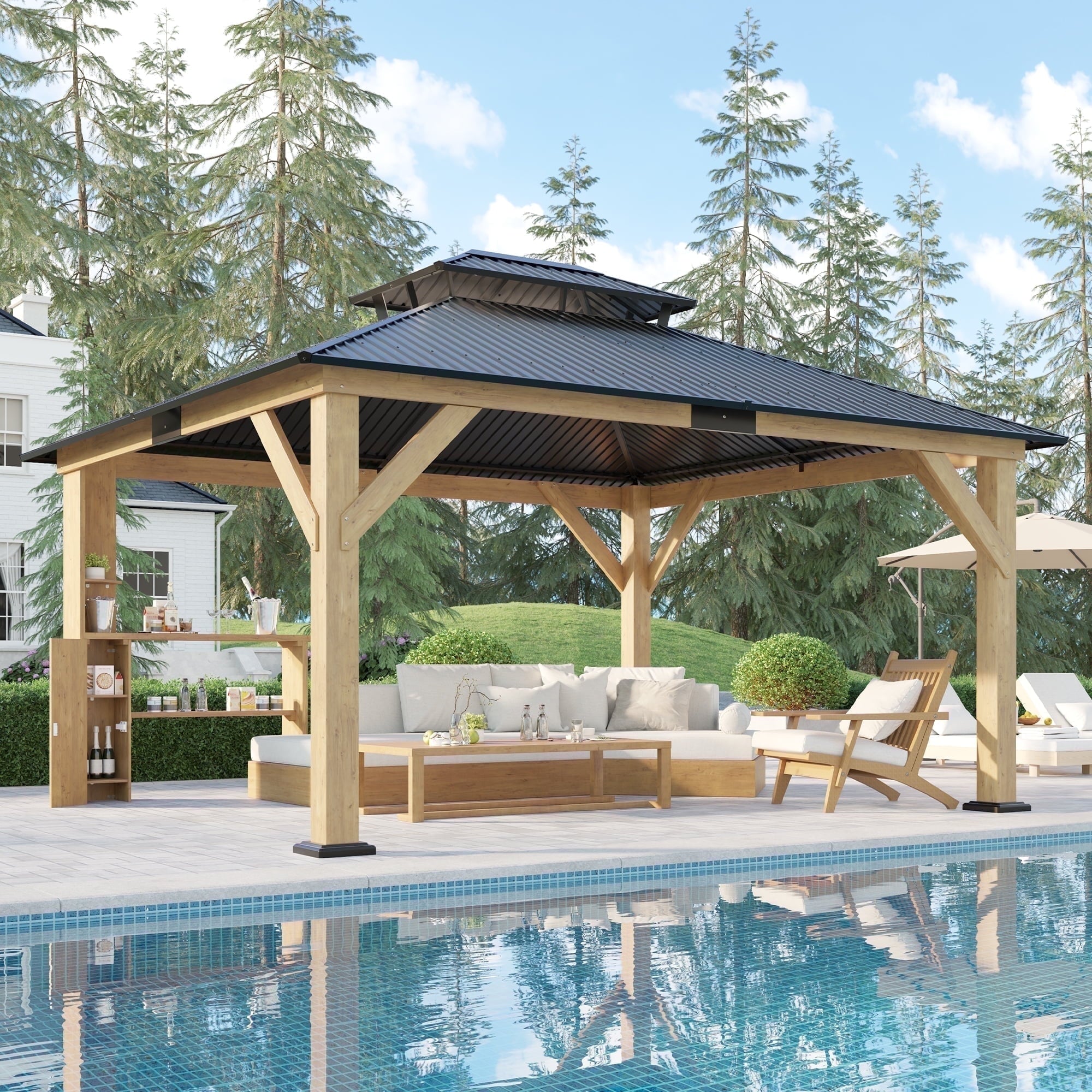 Mazonvintage 13'x15' Wood Gazebo, Mazonvintage Gazebo with Iron Roof Double Roof, Black & Natural Wood