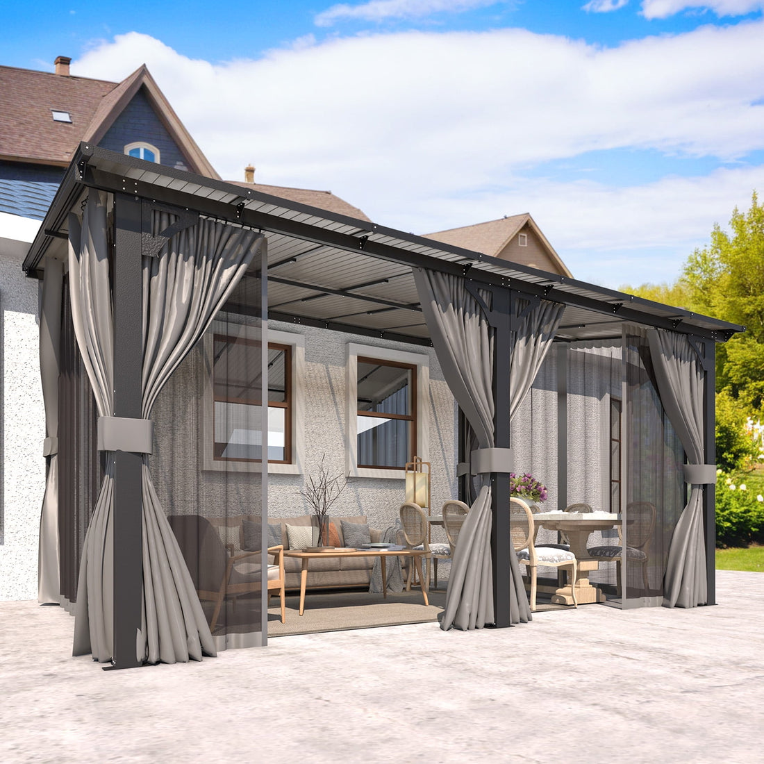 Mazonvintage 14' x 10' Lean to Gazebo with Netting and Curtain Outdoor Hardtop Gazebo Aluminum Metal Pergola ​For Garden, Patio, Backyard-​Dark ​Gray