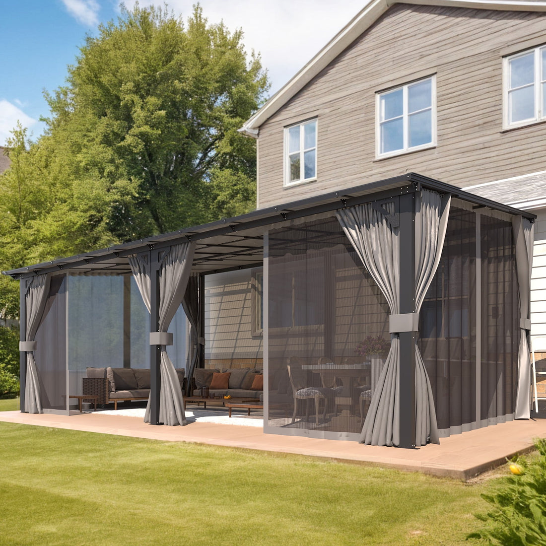 Mazonvintage 20' x 12' Lean to Gazebo with Netting and Curtain Outdoor Mazonvintage Gazebo Aluminum Metal Pergola ​For Garden, Patio, Mazonvintage-​Dark ​Gray