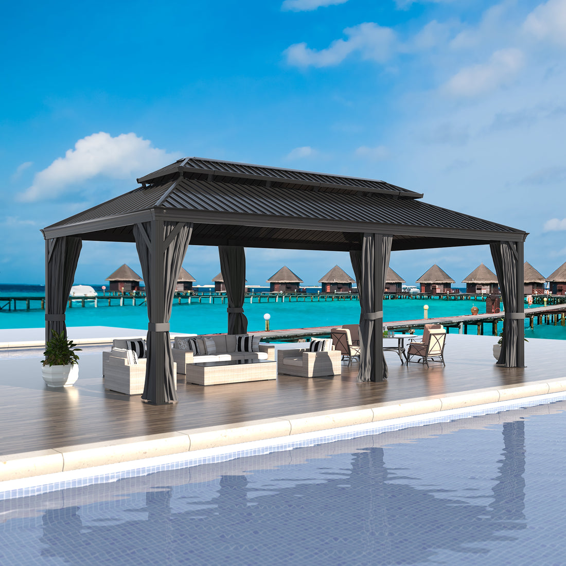 Mazonvintage 20' x 14' Double Roof Hardtop Gazebo with Gutters and Roof Hooks for Patio, Garden