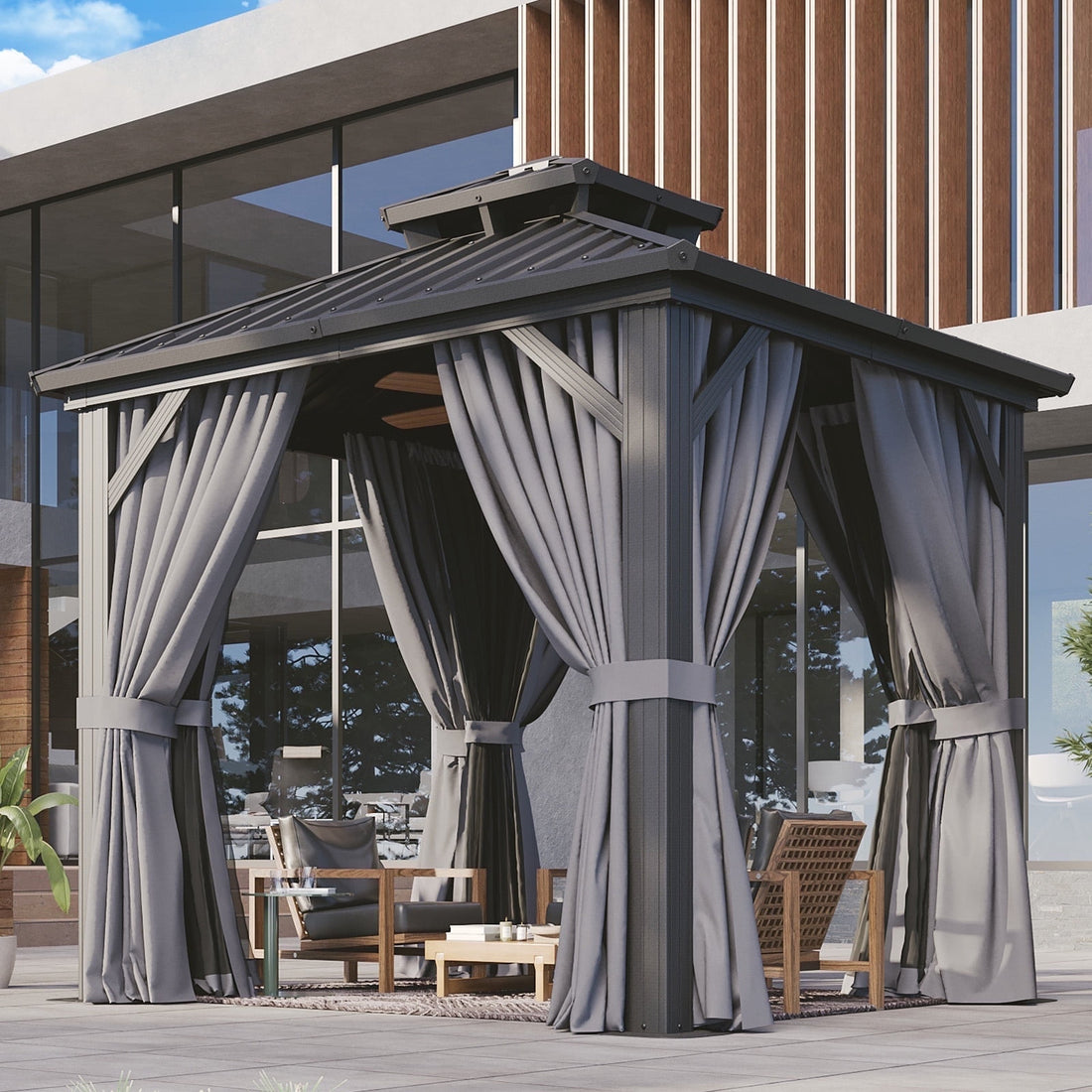 Mazonvintage 8'x8' Hardtop Gazebo, Aluminum Frame Gazebo with Double Galvanized Steel Roof, Outdoor Metal Pavilion with Netting and Curtains for Backyard, Gray