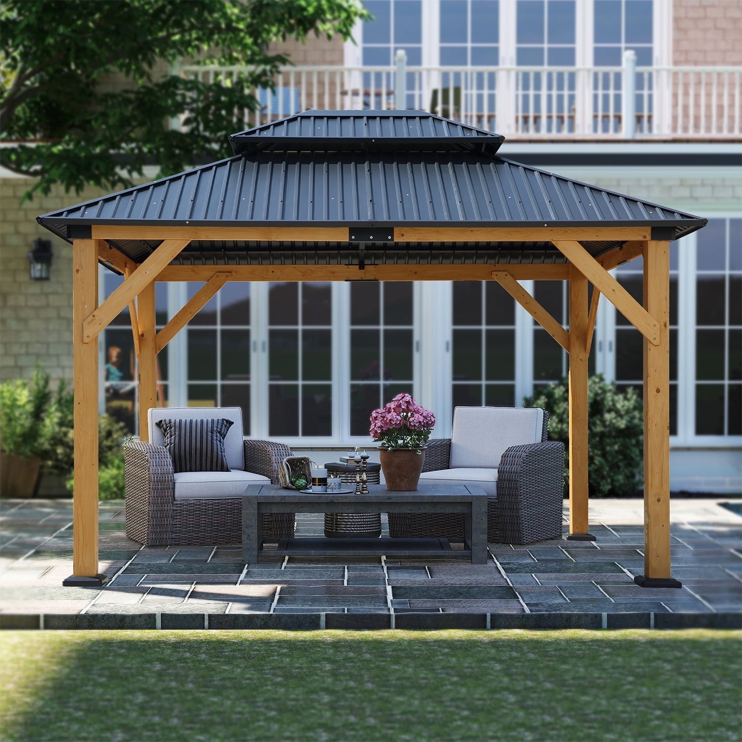 Mazonvintage Fir Wood Carport Gazebo Permanent Double Layer Steel Roof Wooden Frame All Weather Patio Shelter with Insect Netting Heavy Duty Canopy