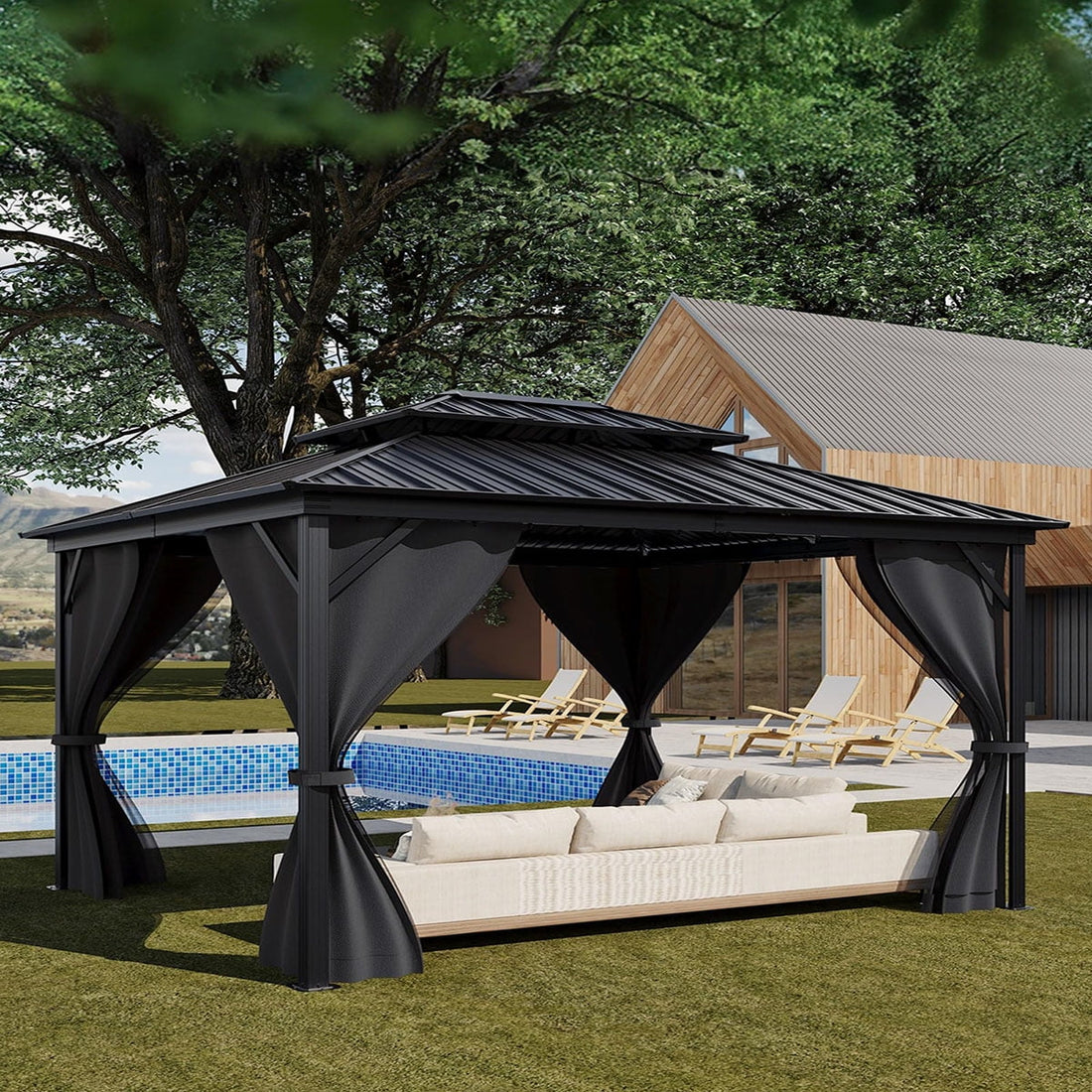  Mazonvintage Gazebo 12' x 14', with Galvanized Steel Double Roof Canopy, Permanent Outdoor Metal Pavilion, with Netting and Curtains, for Mazonvintage, Pario and Lawn(ship in 5 boxes)