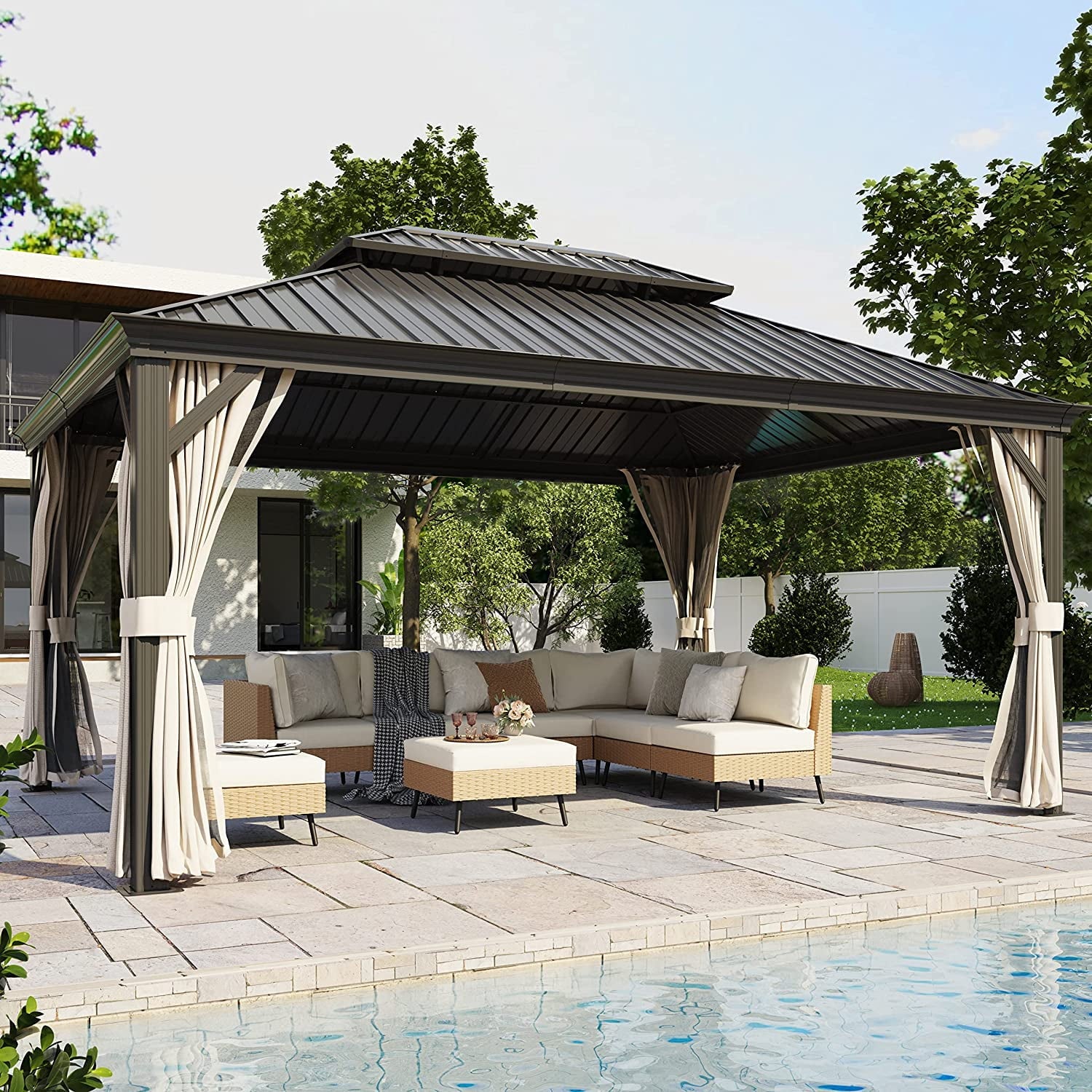 Mazonvintage HOME 12' x 16' Hardtop Patio Gazebo, 2-Tier Permanent Aluminum Hardtop with Mosquito Netting and Privacy Curtain, Brown