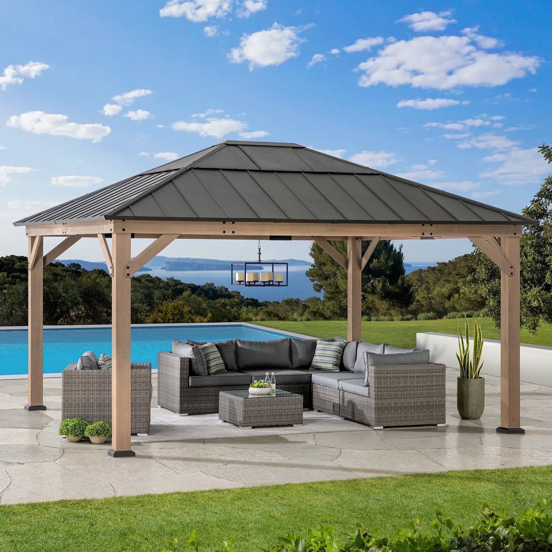 Mazonvintage Hardtop Gazebo 13 x 15 ft. Standard Cedar Framed Wood Gazebo, Outdoor Patio Gazebo with Dark Brown Steel and Polycarbonate Hip Roof and Ceiling Hook, Dark Brown Roof + Dark Wood Frame