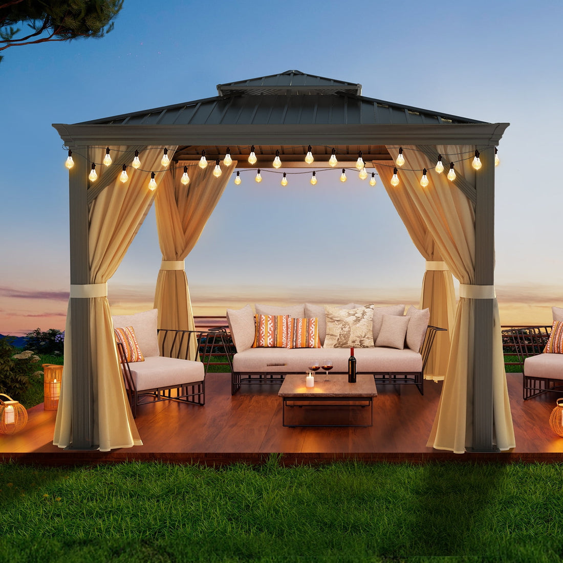 Mazonvintage Hardtop Gazebo, Aluminum Frame Canopy with Double Galvanized Steel Roof, Outdoor Metal Pavilion with Netting, Curtains for Backyard 10' x 12'