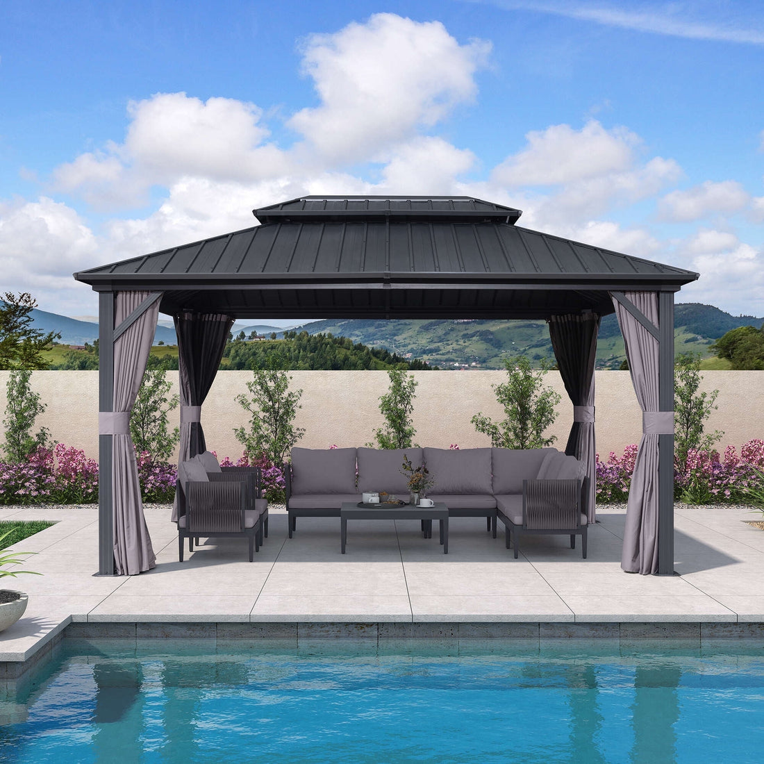 Mazonvintage LEAF 10' x 14' Permanent Mazonvintage Gazebo Aluminum Frame Gazebo with Galvanized Steel Double Roof, UV-Resistant for Backyard Patio Lawn and Garden, Netting & Curtains included - Grey
