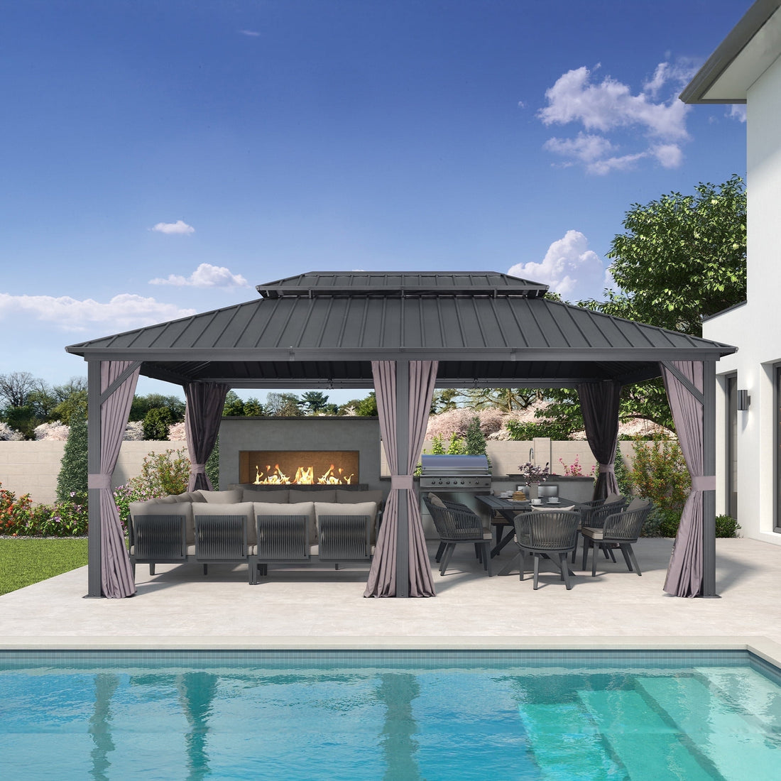 Mazonvintage LEAF 12' x 16' Permanent Hardtop Gazebo Aluminum Frame Gazebo with Galvanized Steel Double Roof, UV-Resistant for Mazonvintage Patio Lawn and Garden, Netting & Curtains included - Grey