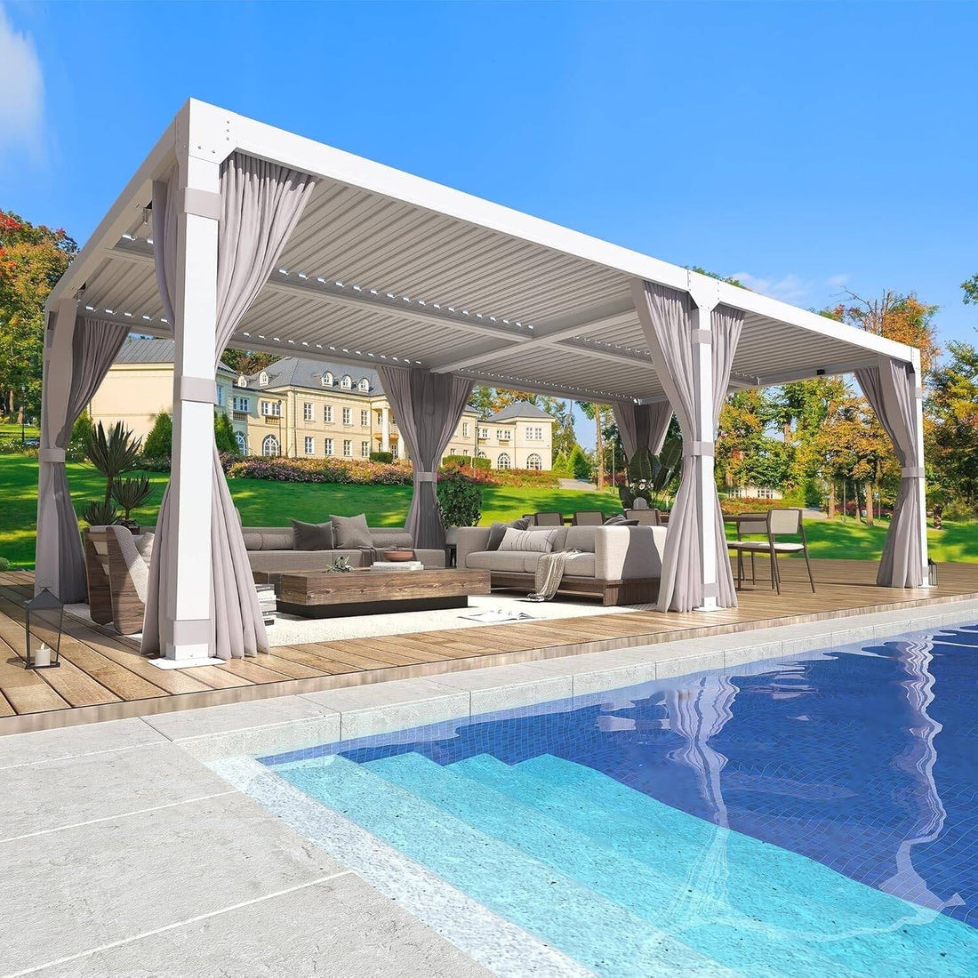 Mazonvintage Louvered Pergola 12x20, All Aluminum Pergola with Adjustable Rainproof Roof,White