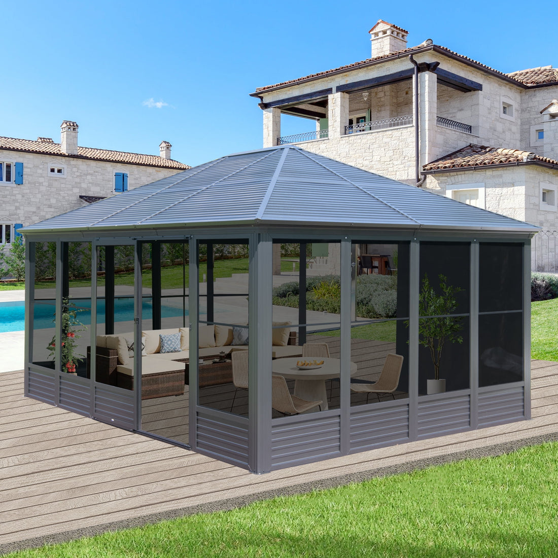 Mazonvintage Outdoor 16.5x13 Ft Sunroom, All-Season Solarium Aluminum Mazonvintage Gazebo with Galvanized Steel Roof, Movable PE Screen, Sliding Door, Sun Room Pavilion Gazebo for Deck Mazonvintage Garden