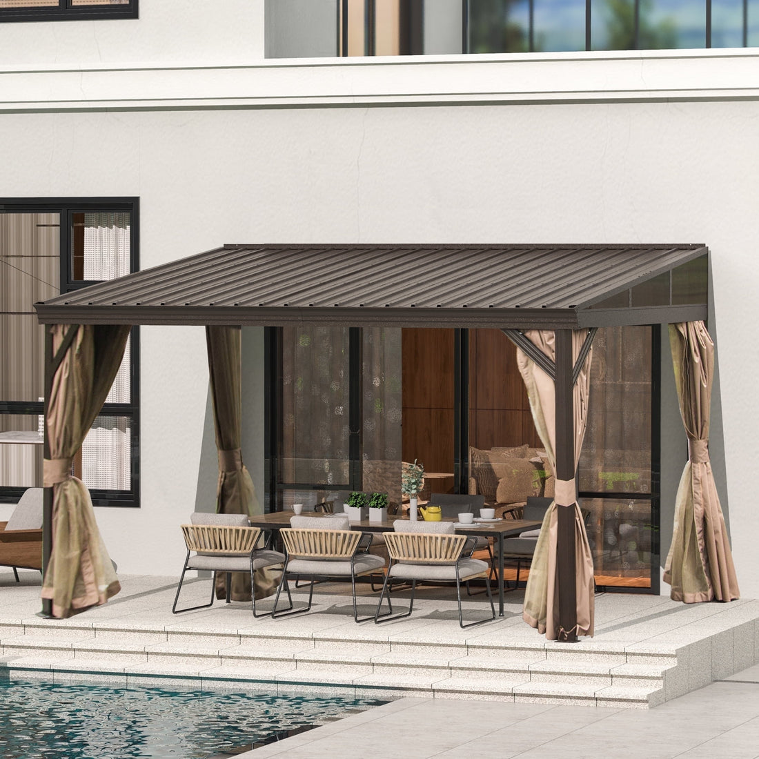 Mazonvintage Outdoor Living 10' x 12' Hardtop Lean-to Gazebo, Wall-Mounted with Galvanized Steel Roof Wall Pergola with Aluminum Frame, Curtains and Netting, for Patio, Deck, Garden, Backyard