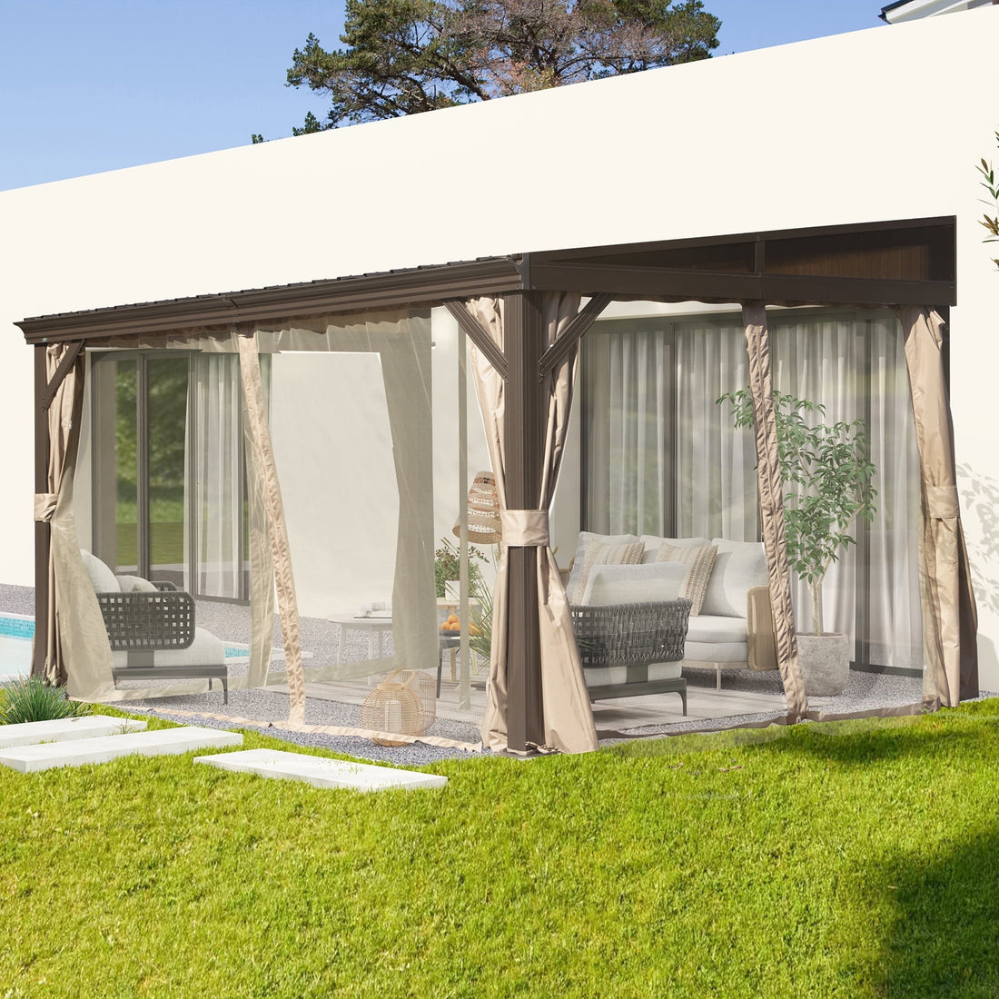 Mazonvintage Outdoor Living 8' x 12' Hardtop Lean-to Gazebo, Wall-Mounted with Galvanized Steel Roof Wall Pergola with Aluminum Frame, Curtains and Netting, for Patio, Deck, Garden, Backyard