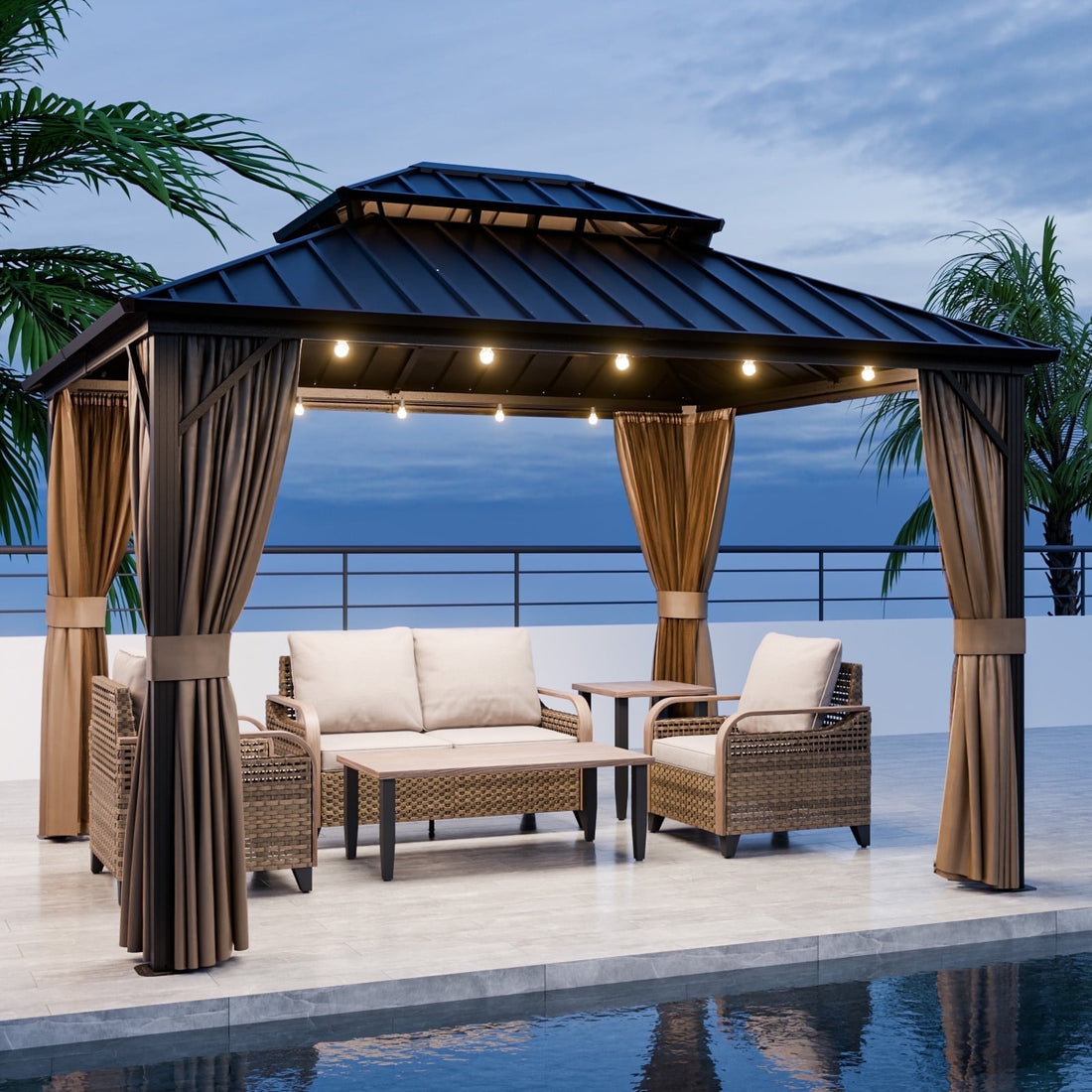 Mazonvintage PEAK 10'x 12' Outdoor Patio Hardtop Gazebo with Aluminum Frame, Galvanized Steel Double Roof with Netting and Curtains for Garden, Yard, Lawns, Brown
