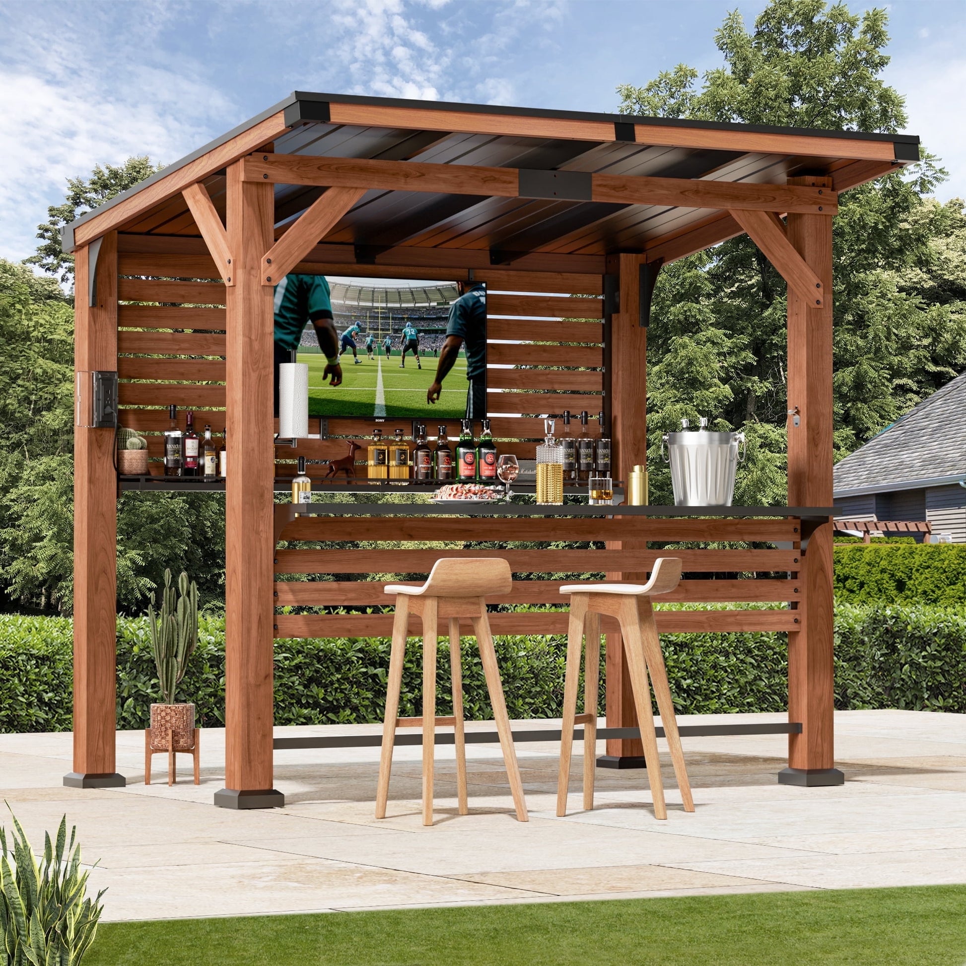 Mazonvintage Shade Cedar Wood Entertainment Gazebo with Mazonvintage Roof, Grill Bar Center, Shelves, TV Mount & Power Strip for Patio or Garden