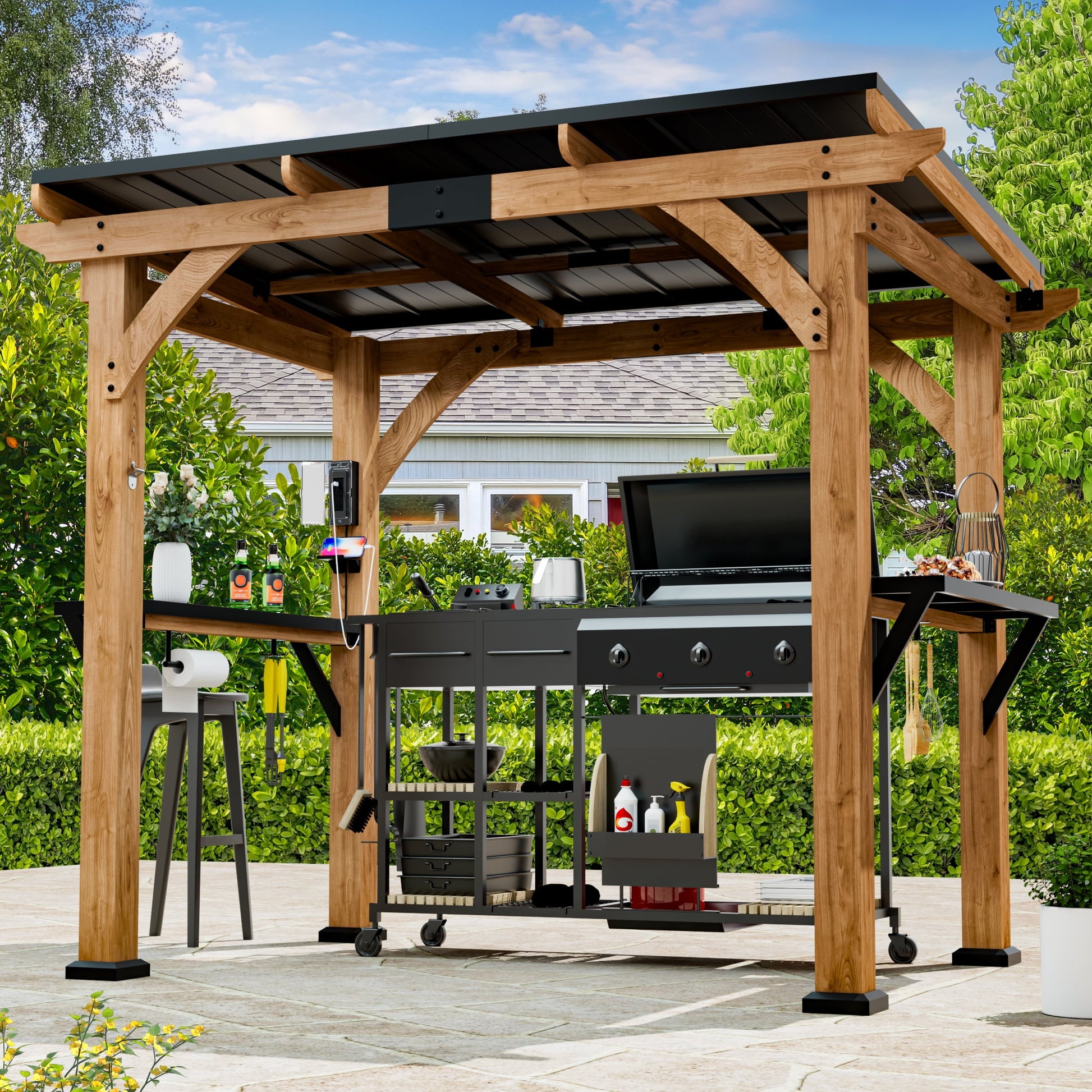 Mazonvintage Shade Grill Gazebo 6' X 8', Cedar Wood Gazebo with Shelves and Paper Towel Holder, Patio Gazebo with Galvanized Steel Roof, USB and USB-C Charging Ports, BBQ Gazebo for Patio Backyard