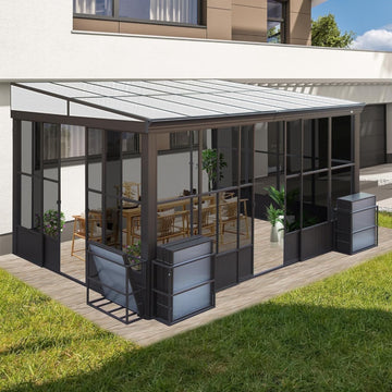 Mazonvintage Sunroom 10x12FT Wall Mounted Gazebo with Detachable Roof and Lockable Sliding Doors for Garden Patio DeckAluminum Lean to Gazebo Sun Room