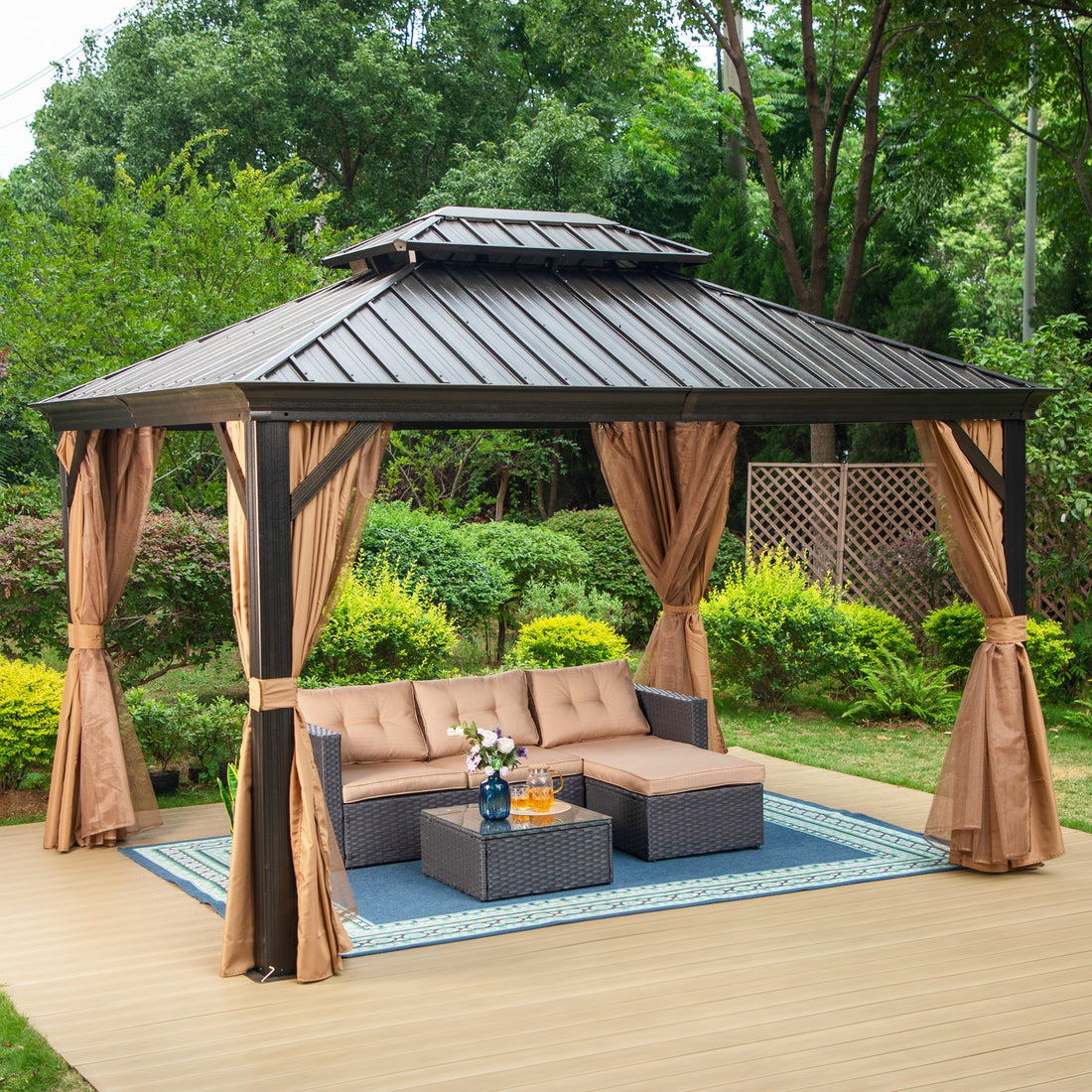 Mazonvintage 10' x 12' Hardtop Gazebo, Permanent Double Roof with Netting and Curtains