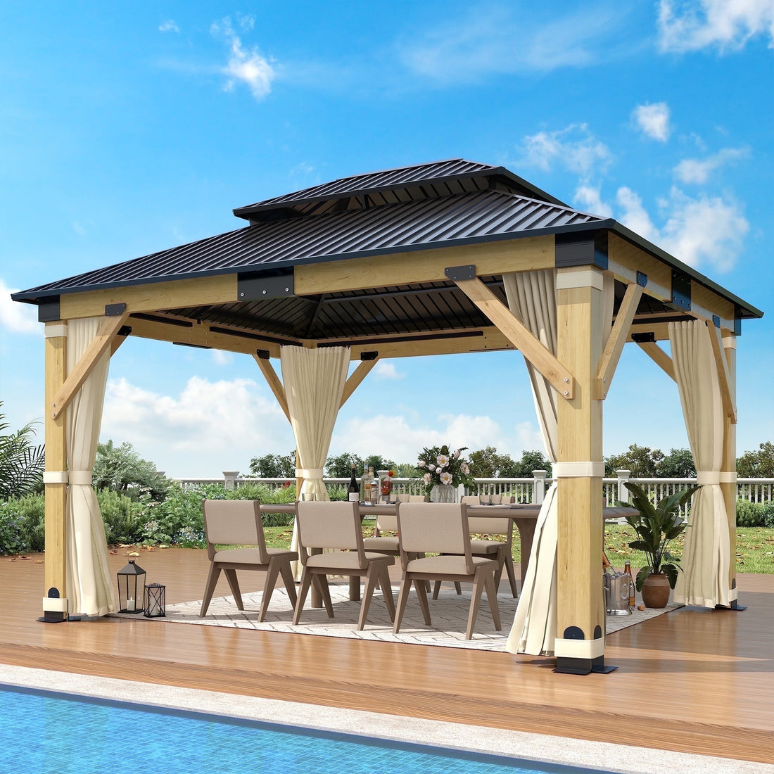 Mazonvintage 11 x 13 ft. Patio Cedar Wood Gazebo, Double Metal Roof Hardtop Wooden Gazebos with Curtains and Netting for Mazonvintage, Deck, Lawns