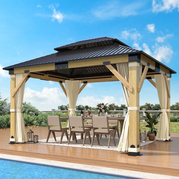 Mazonvintage 11 x 13 ft. Patio Cedar Wood Gazebo, Double Metal Roof Mazonvintage Wooden Gazebos with Curtains and Netting for Backyard, Deck, Lawns