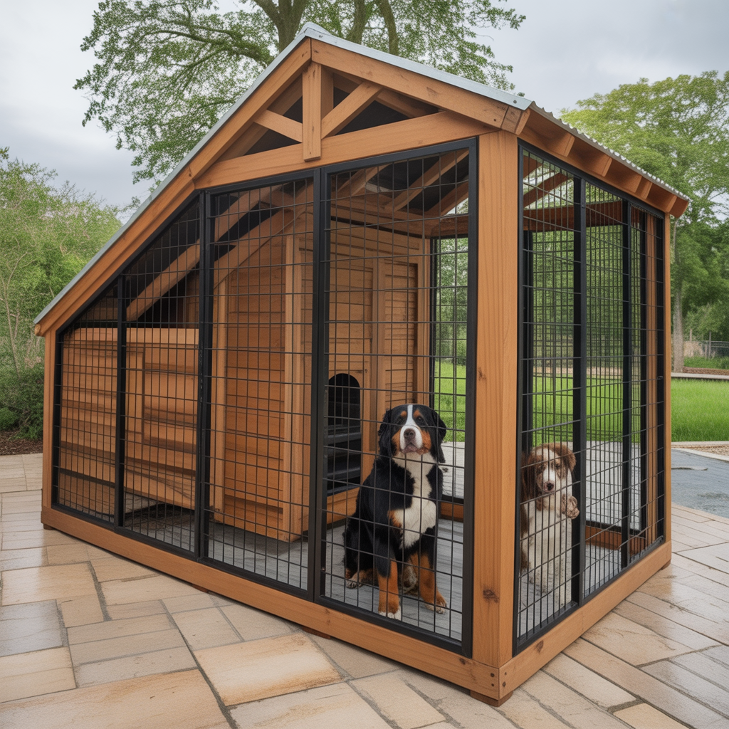 Large Wooden Outdoor Dog Kennel with Secure Metal Fence – Luxury Pet House for Backyard