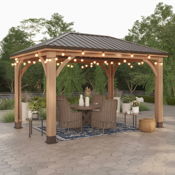 Wooden Outdoor Gazebo with String Lights – Patio Pavilion with Metal Roof